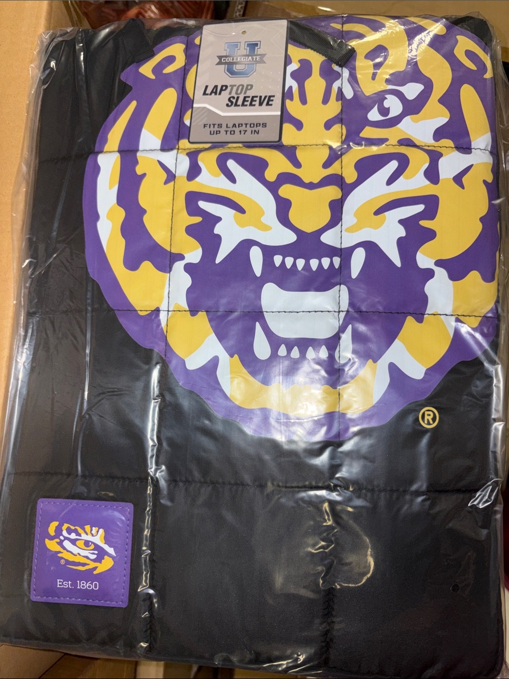 Collegiate Laptop Sleeve - Black with Purple & Gold Tiger Design